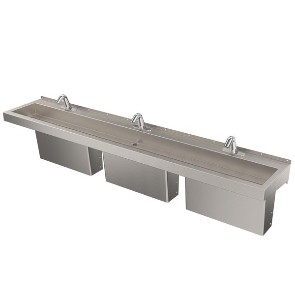Deluxe-Trough Hand Washing Sink Deluxe Wall  Hand-Wash Trough, 3 Sta, 90"w, Trap Enclosures, H&C Wristblade Faucet, Gooseneck Spout DSW390-TC3-F60